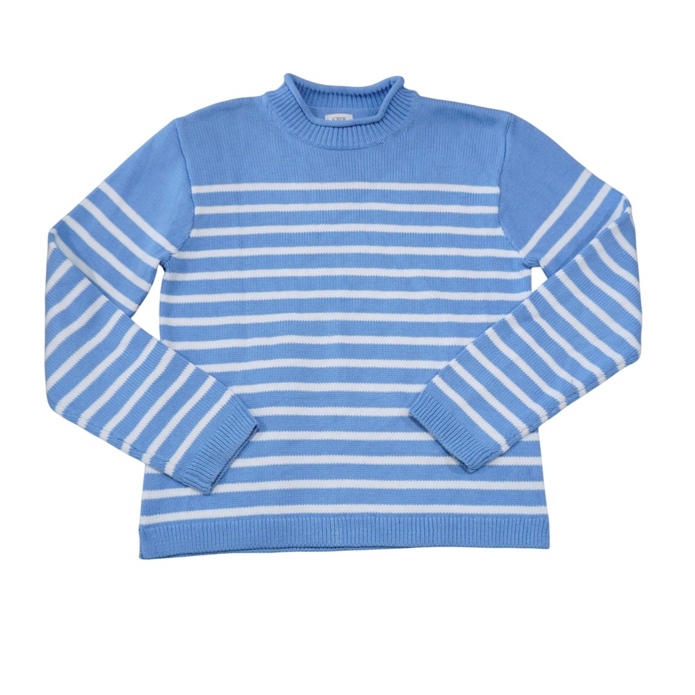 J. Crew Women's Size Small Sweater Blue Striped Mock Neck Cotton Blend Coastal
